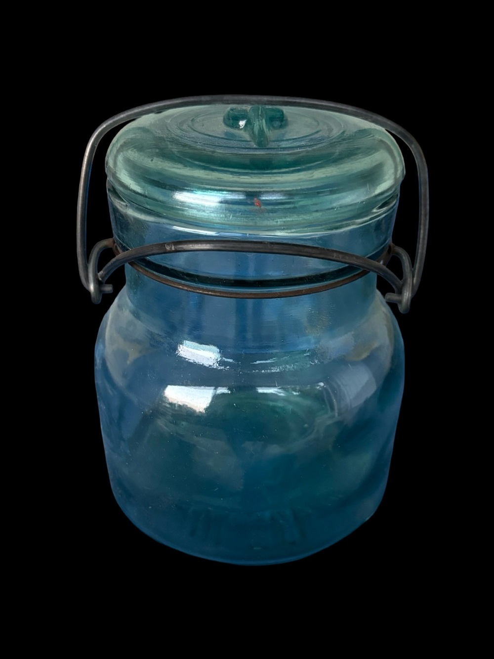 Vintage Atlas E-Z Seal Aqua Glass Canning Jar Pint Squat Wire Bail Lid
